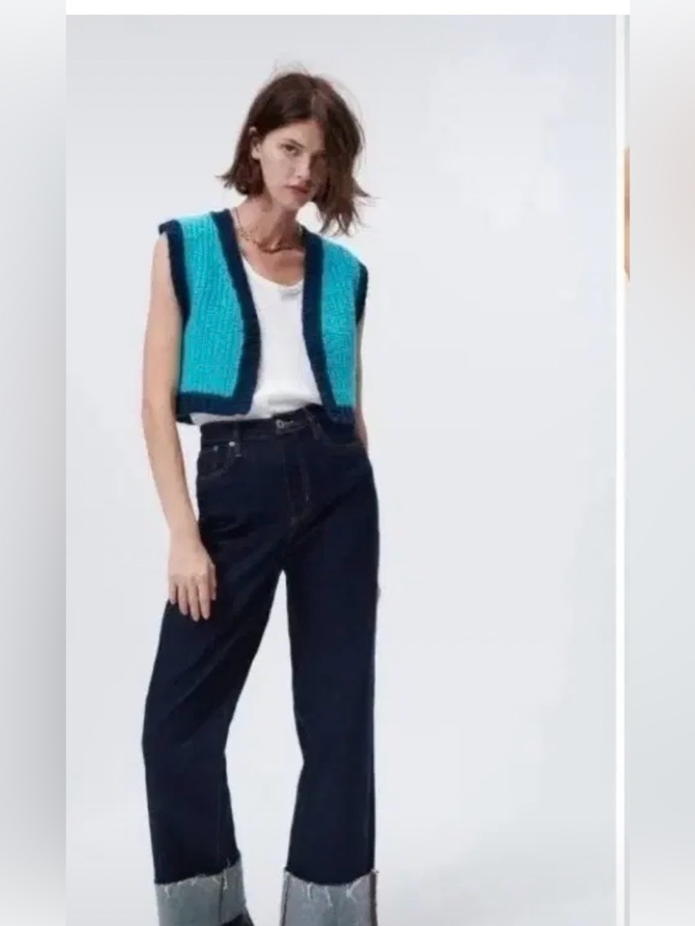 ZARA Turquoise and Navy Open Front Cropped Cardigan Sweater - Picture 2 of 11